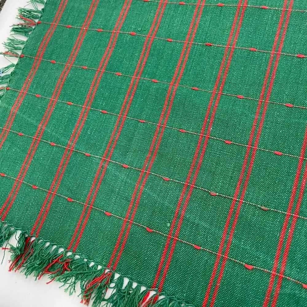 4 Cloth Napkins Green Red Fringe Square‎ Christmas Holiday One Unique Striped